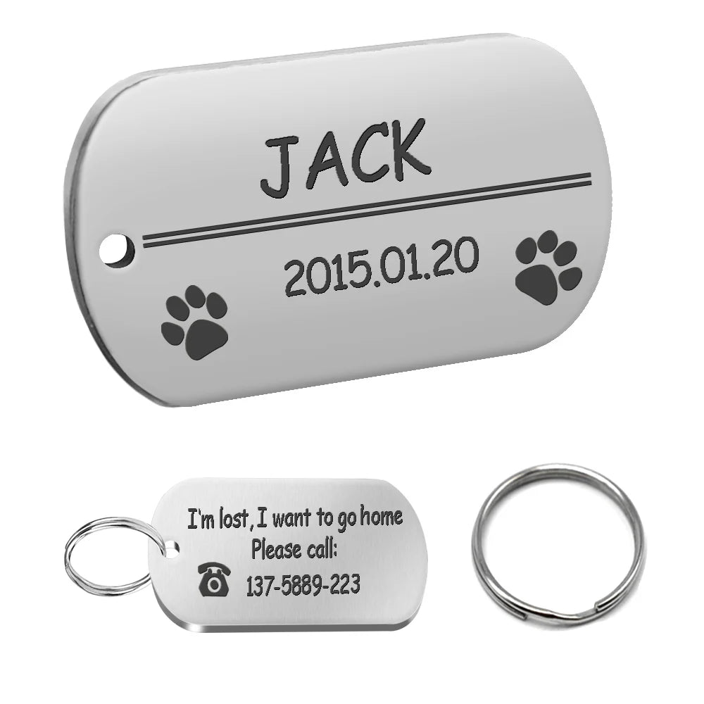 Dog ID Tag Stainless Steel Engraved Pet Name Birthday Phone No. and Gender with Ring