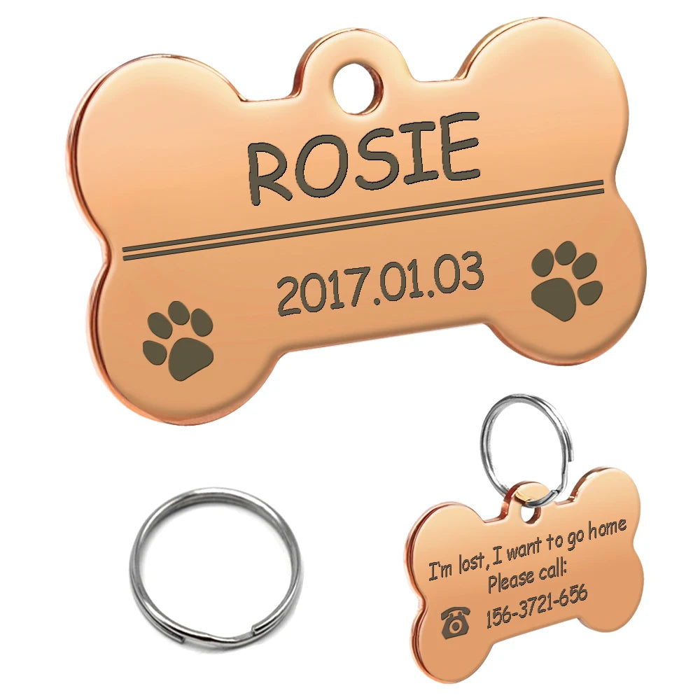 Dog ID Tag Stainless Steel Engraved Pet Name Birthday Phone No. and Gender with Ring