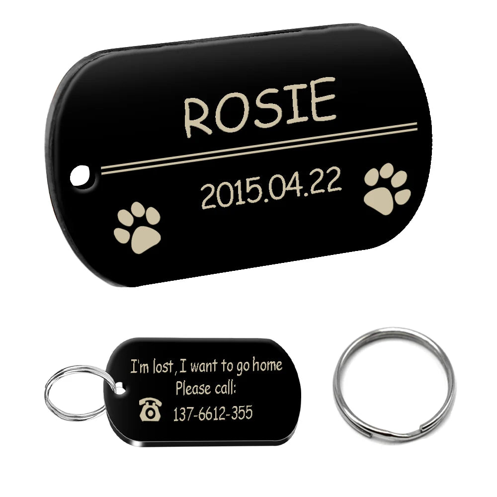 Dog ID Tag Stainless Steel Engraved Pet Name Birthday Phone No. and Gender with Ring