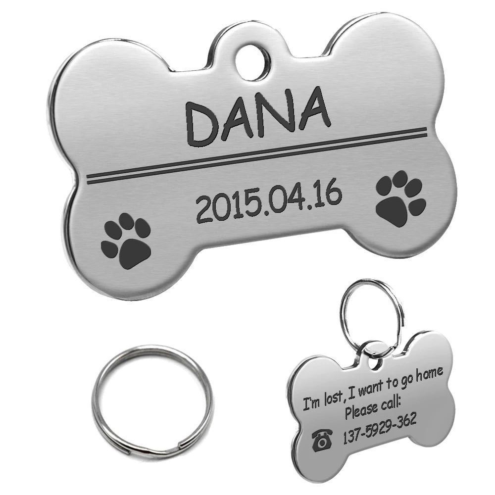 Dog ID Tag Stainless Steel Engraved Pet Name Birthday Phone No. and Gender with Ring